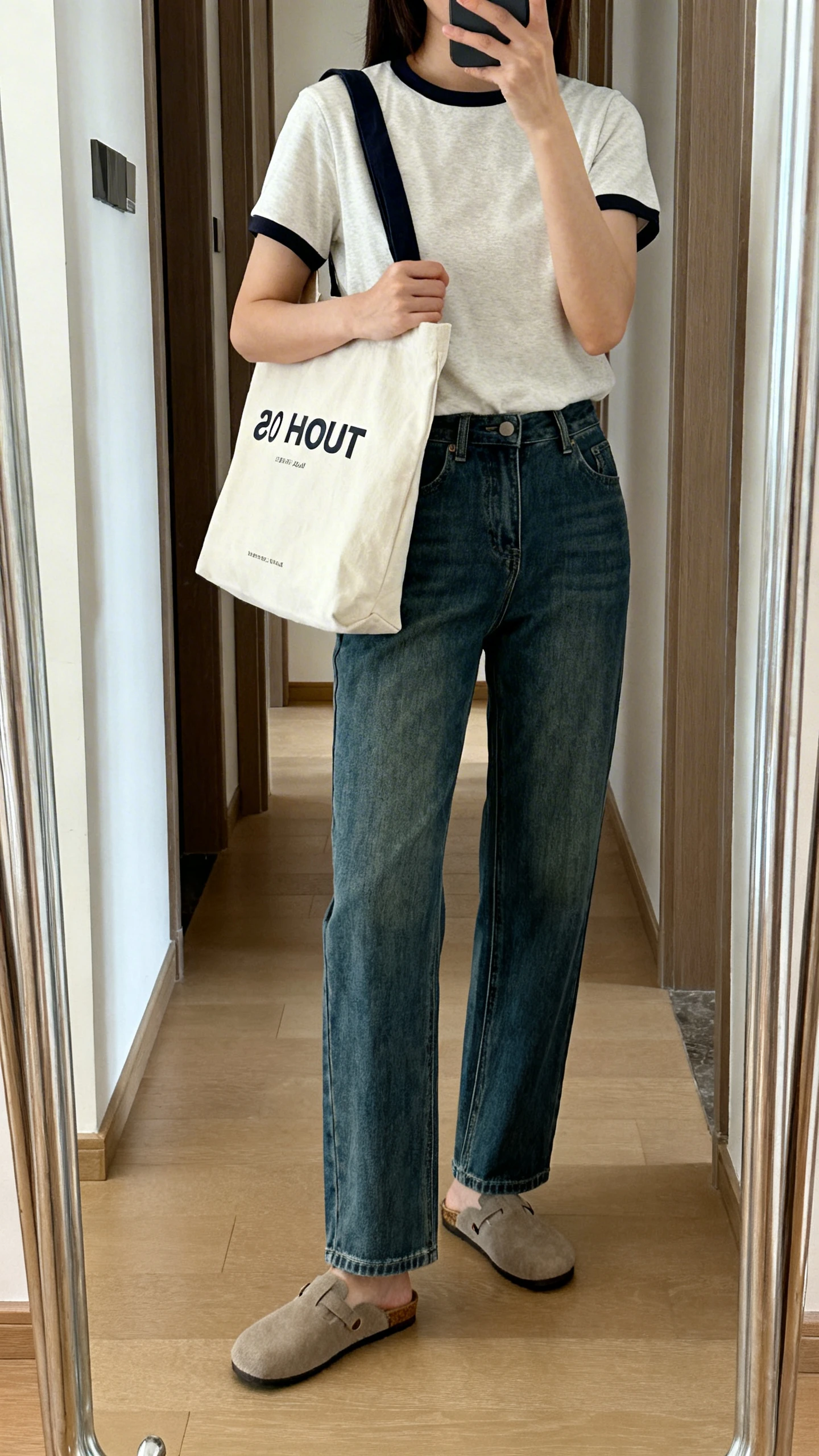 iPhone mirror selfie of a woman holding a two-hour tote bag over her shoulder, wearing a casual tee and straight-leg jeans with slip-on flats, face not visible, cropped at shoulders, entryway full-length mirror, natural daylight, iPhone photo quality.