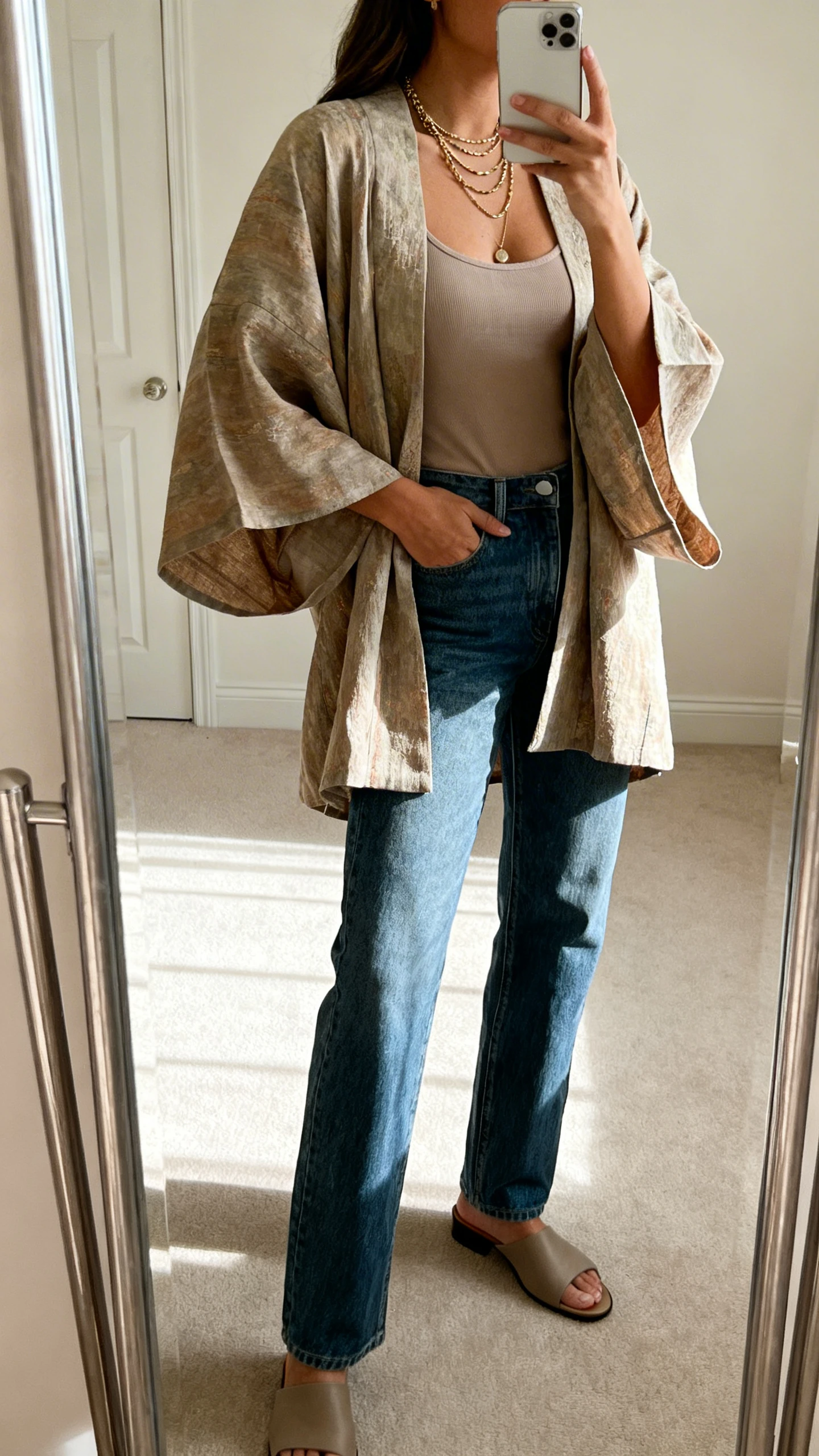 iPhone mirror selfie of a woman wearing a beginner-friendly kimono jacket with wide sleeves over a camisole and straight jeans, layered necklaces and mules, face not visible, side angle, full-length mirror, soft afternoon light, iPhone photo quality.