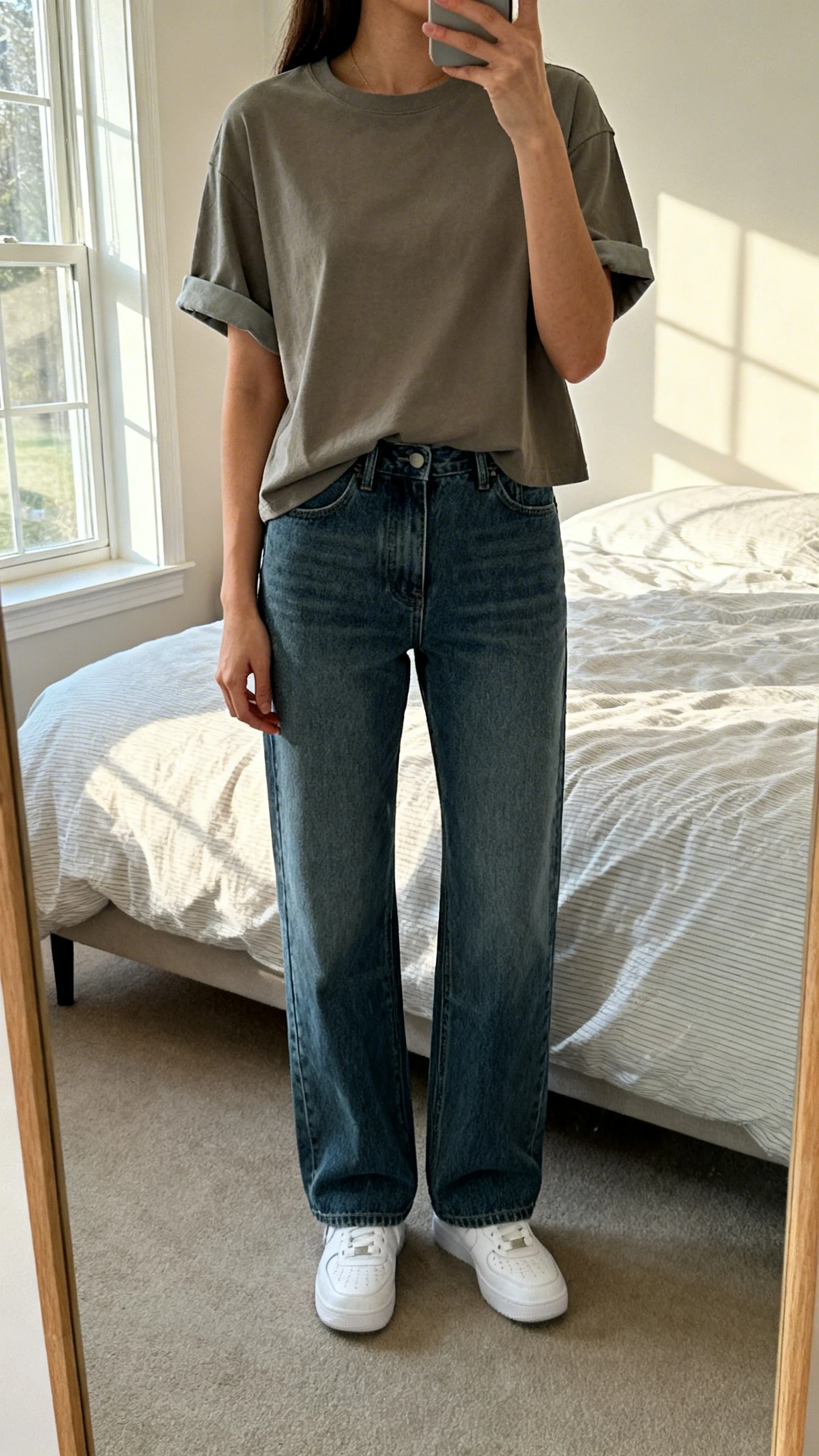 iPhone mirror selfie of a woman wearing a boxy tee with cuffed short sleeves and straight hem paired with high-rise jeans and white sneakers, face not visible, cropped at neck, bedroom mirror, soft morning window light, iPhone photo quality.