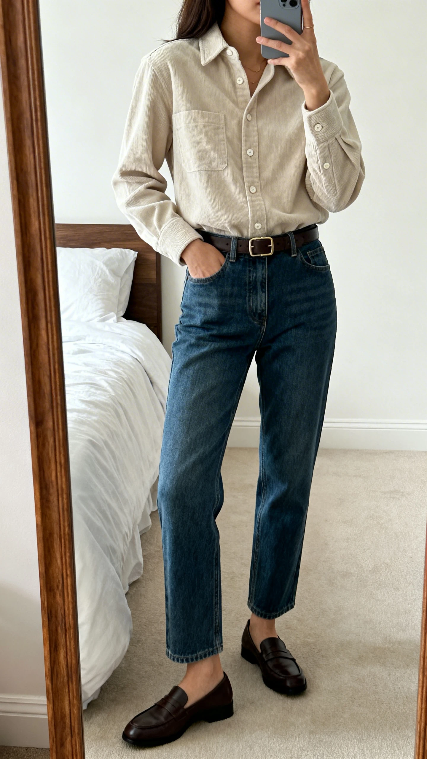 iPhone mirror selfie of a woman wearing a classic button-down shirt with a soft, brushed feel tucked into straight-leg jeans, belt and loafers, face not visible, side angle, bedroom mirror, natural light, iPhone photo quality.