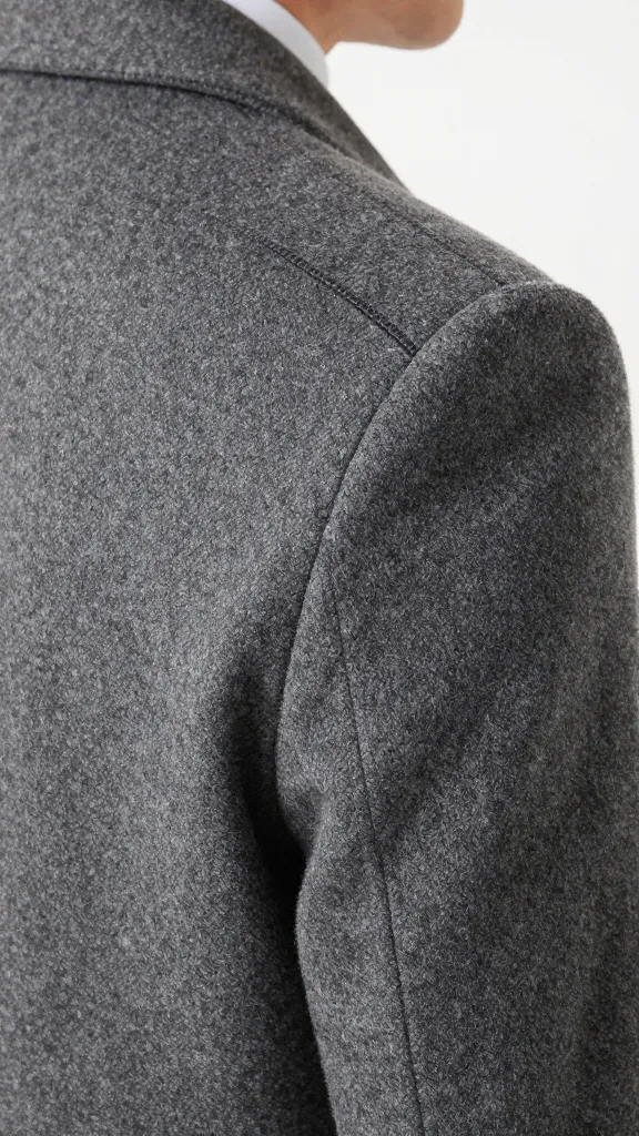 Closeup of tailored wool coat shoulder seam and interfacing