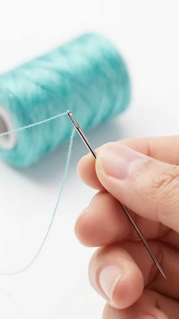 Closeup of a hand threading a sharp sewing needle with teal thread