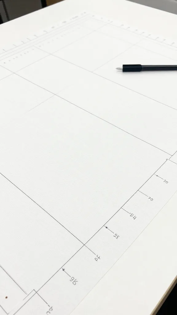 Closeup of a fabric pattern layout and grainline marker on white table