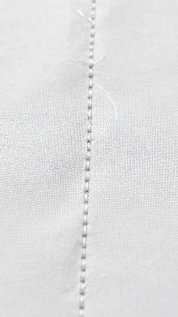 Closeup of a backstitch being sewn on fabric with clear thread fibers
