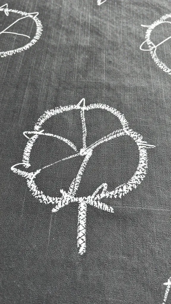 Closeup of chalk-marked cotton fabric on table