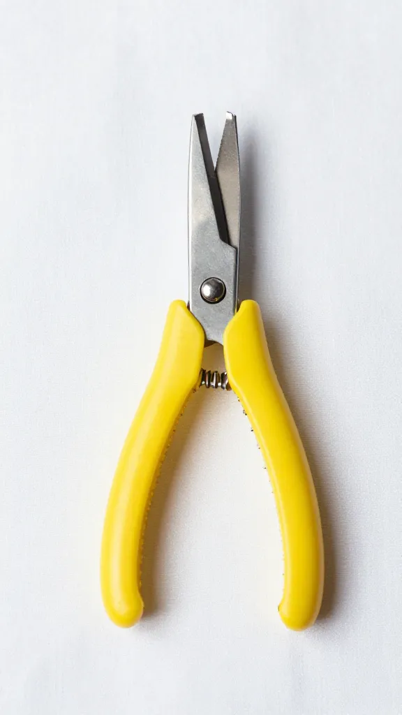 Closeup of bright seam ripper against pale fabric backdrop