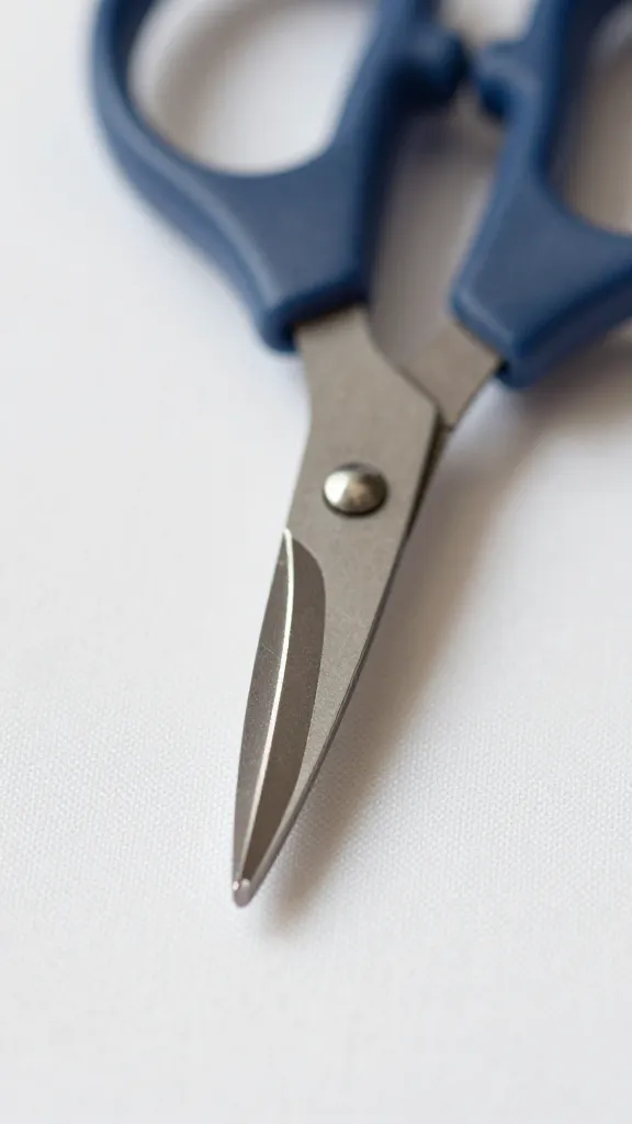 Closeup of 8-10 inch fabric scissors tip near fabric edge closeup