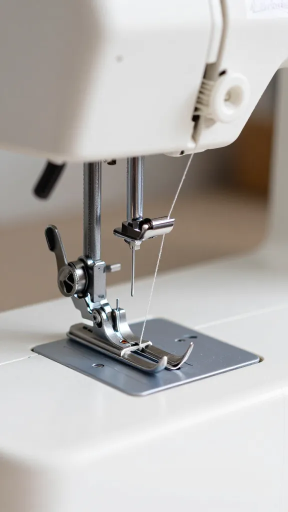 closeup of a sewing machine needle threading a single thread