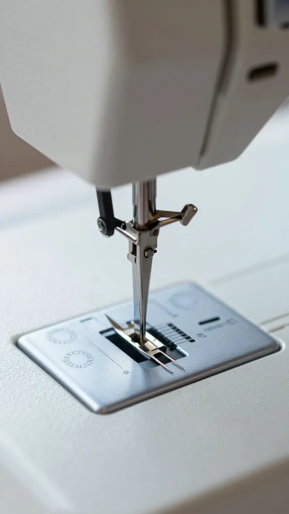Closeup of a dull sewing machine needle in a silver needle plate