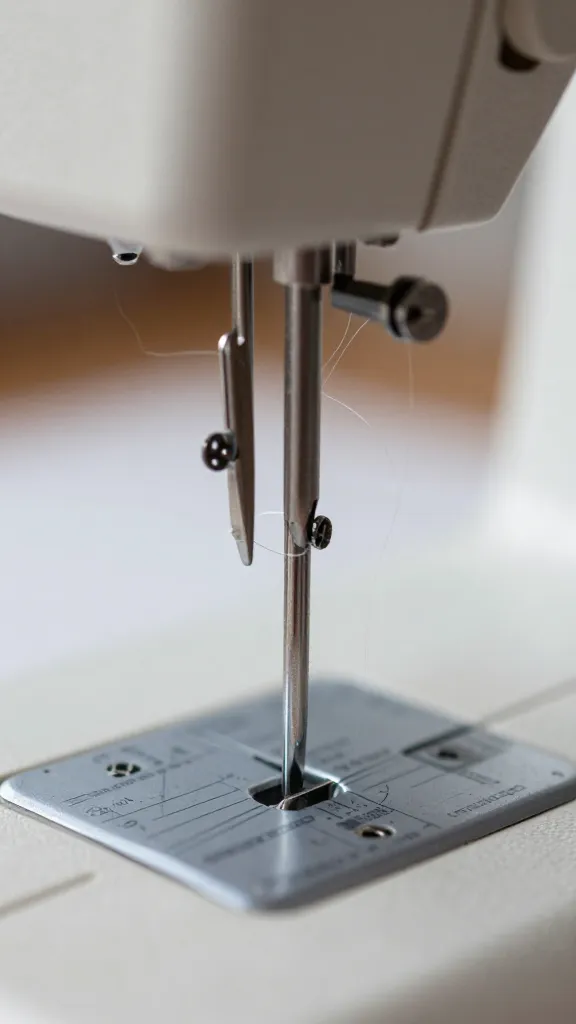 Closeup of a bent sewing machine needle with fabric fibers around