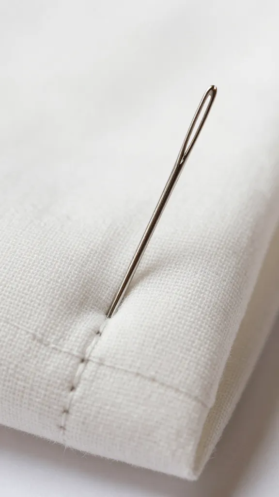 Closeup of a sewing needle piercing fabric corner, crisp stitch line