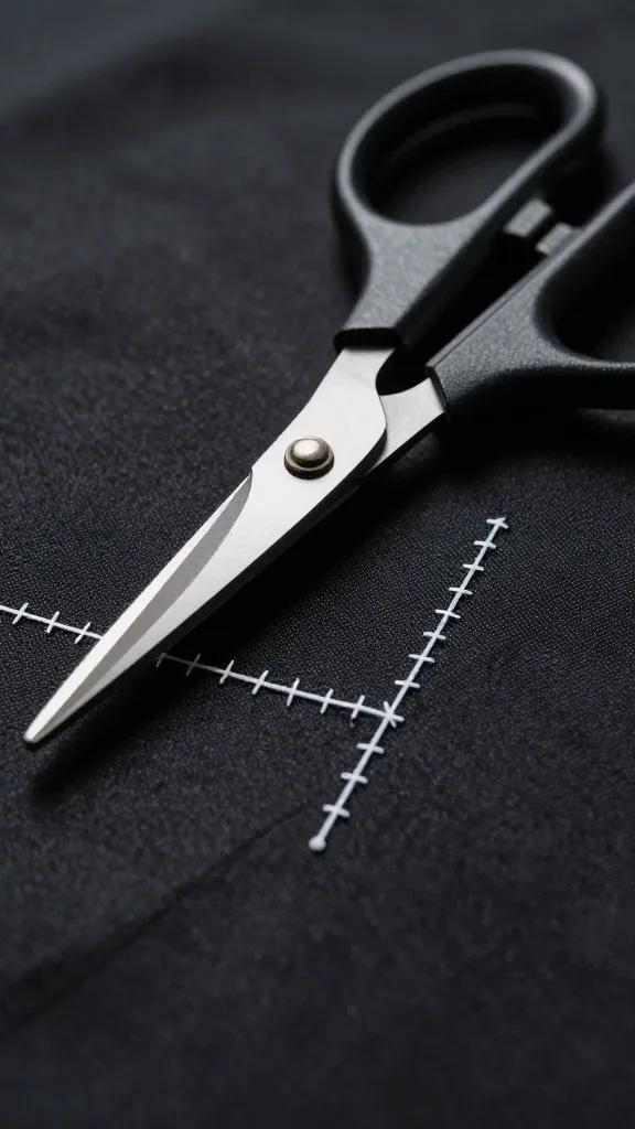 Sharp sewing scissors and pinned fabric corner, high-contrast macro