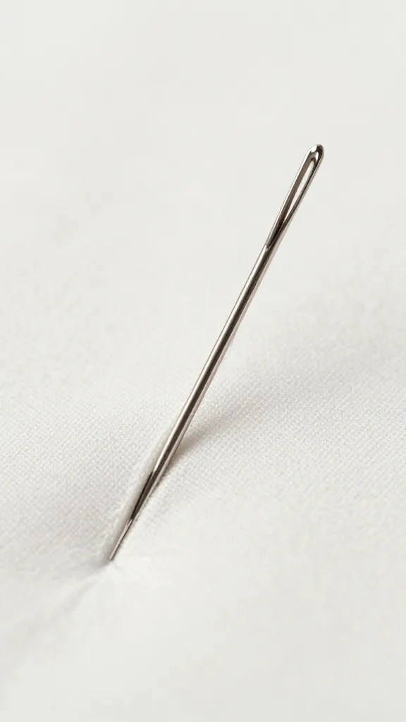 Closeup of a single needle sewing through fabric edge