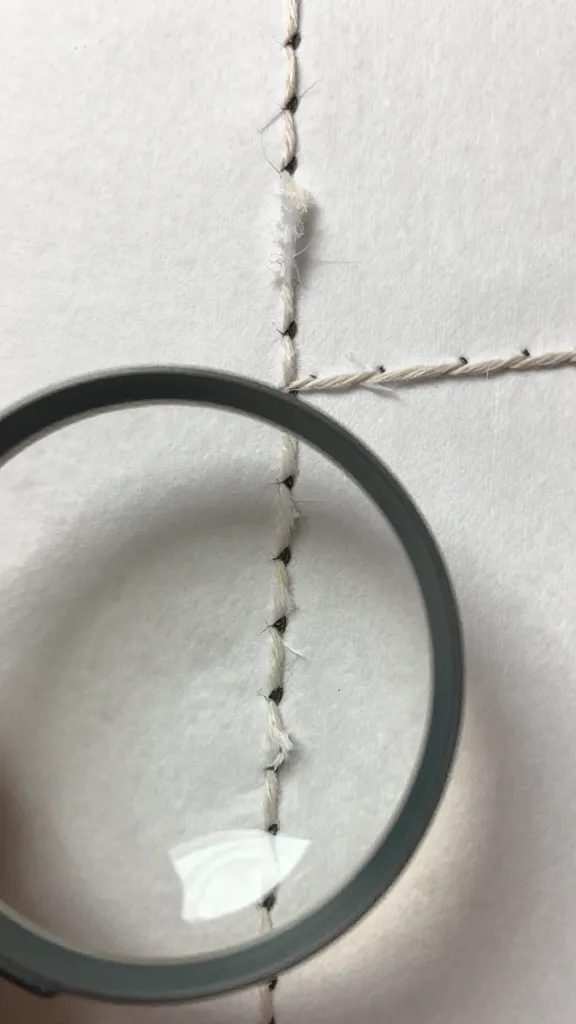 Closeup of frayed thread on seam with magnified detail