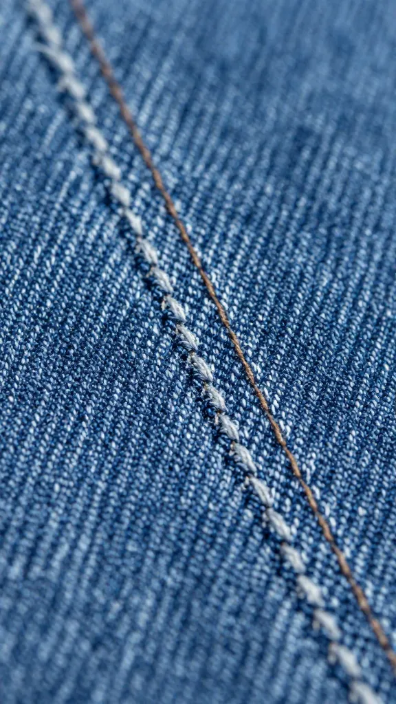 Closeup of a single denim seam being reinforced with stitching