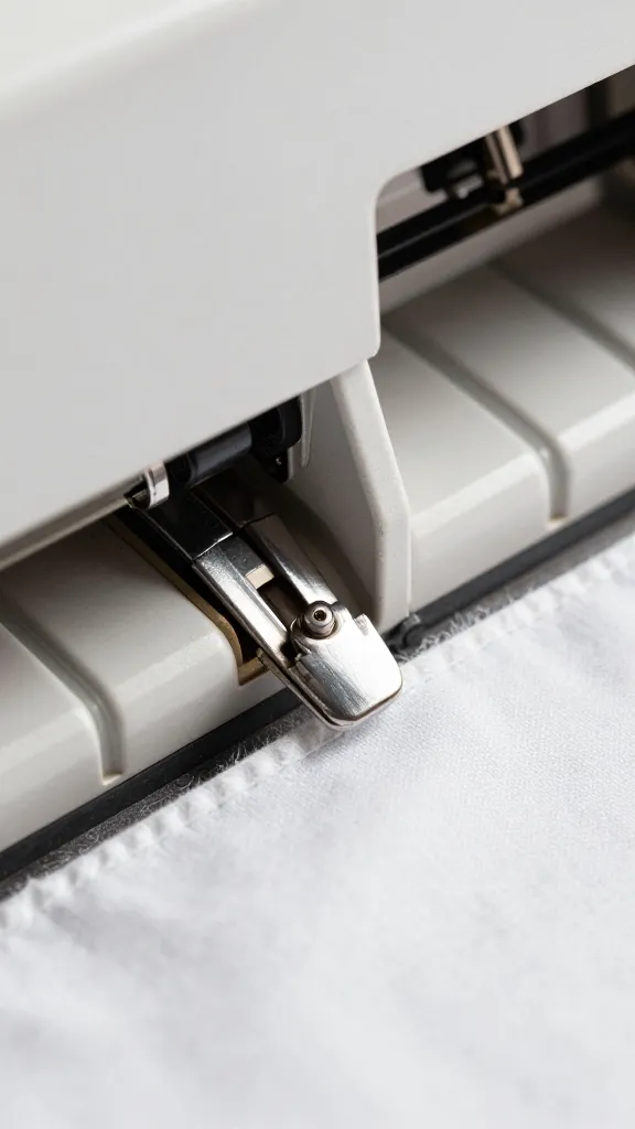 Closeup of an overlocker foot trimming fabric edge