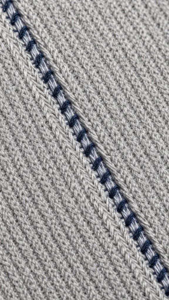 Macro shot of multi-threaded overlock stitch on knit fabric