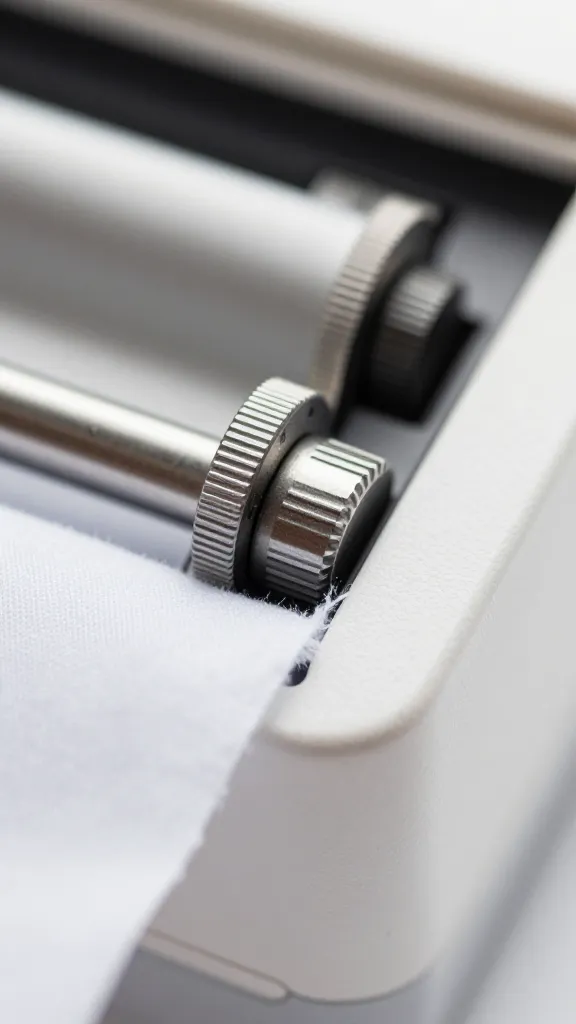 Tight focus on overlocker tension dial and fabric edge close-up