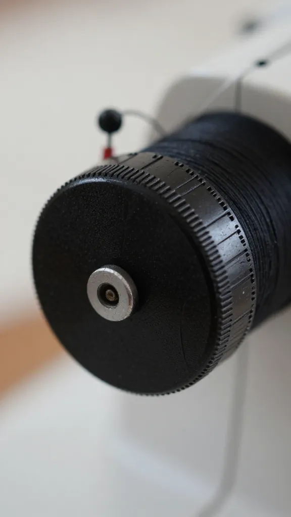 closeup of sewing machine tension dial and thread in focus