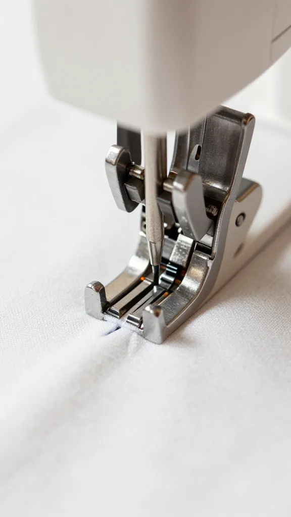 Focused shot of a straight stitch foot guiding fabric edge