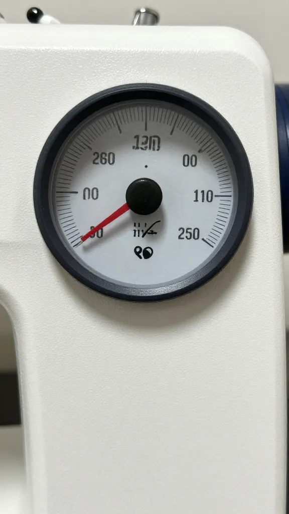 Closeup of balanced thread tension gauge on sewing machine panel