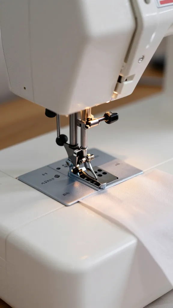 Closeup of a sewing machine foot pressing fabric on scrap material