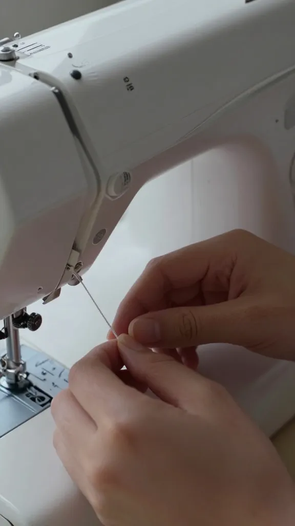 Closeup of a hand adjusting thread tension dial on sewing machine