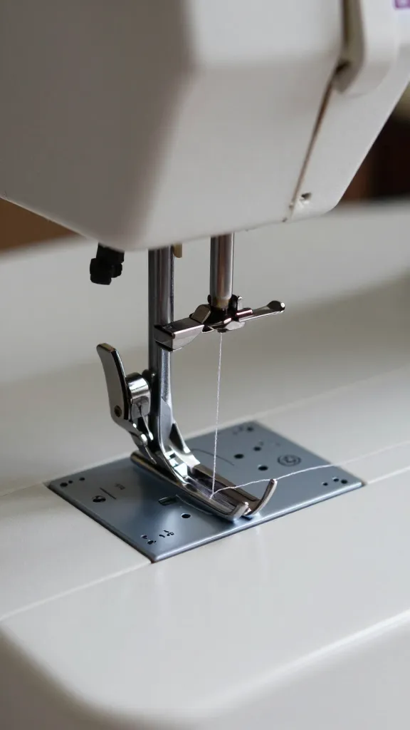 closeup of a sewing machine needle threading setup
