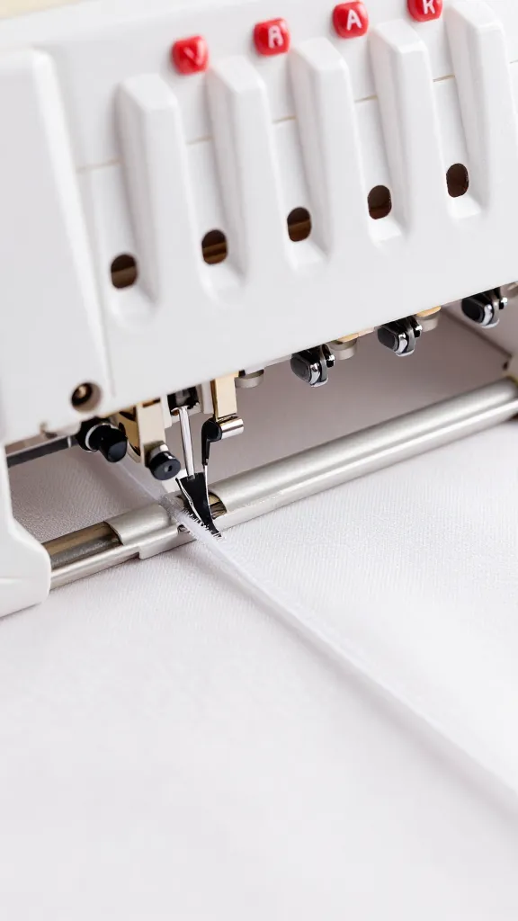 closeup of fabric being trimmed by a serger blade in action