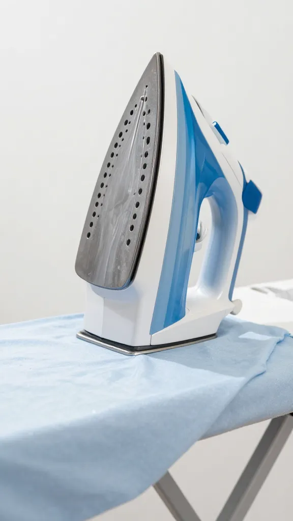 Closeup of ironing pressed fabric on a plain workstation