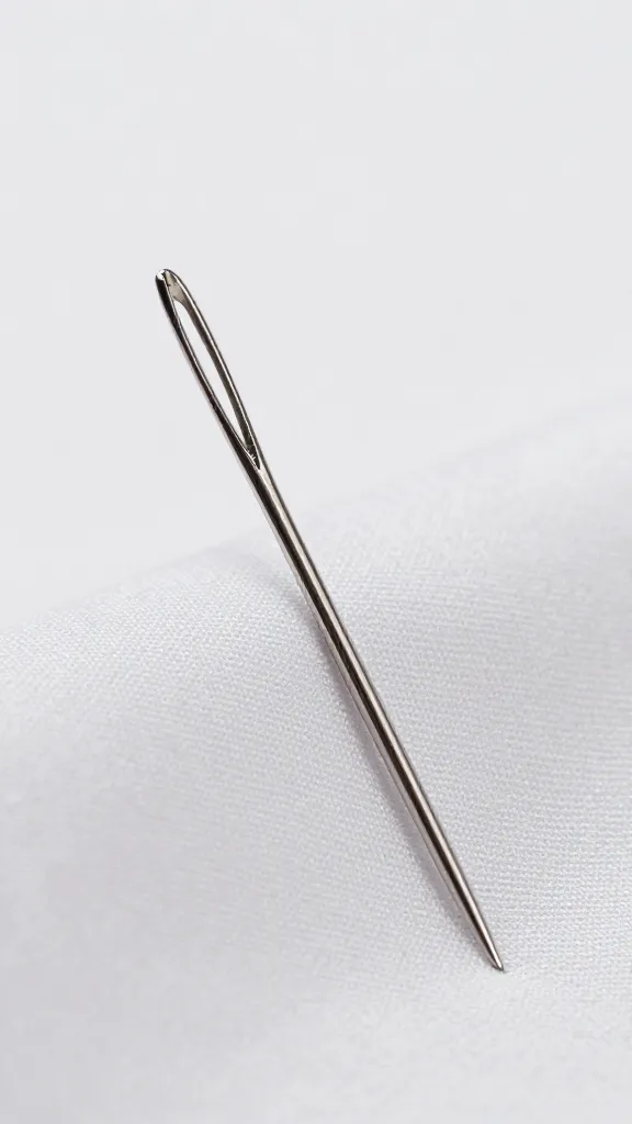 Closeup of a sewing needle aligned with fabric edge