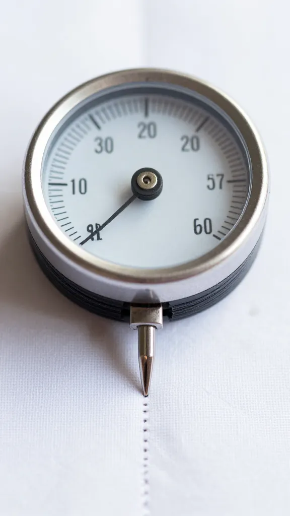 Closeup of tension dial and thread forming straight stitches on scrap fabric