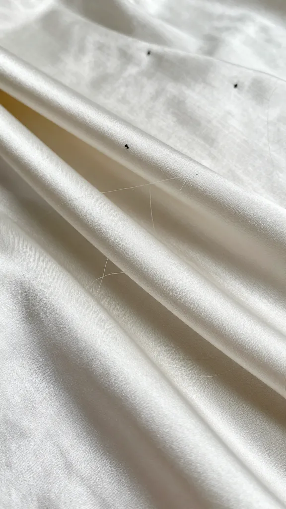 closeup of slippery silk with pins and shedding threads