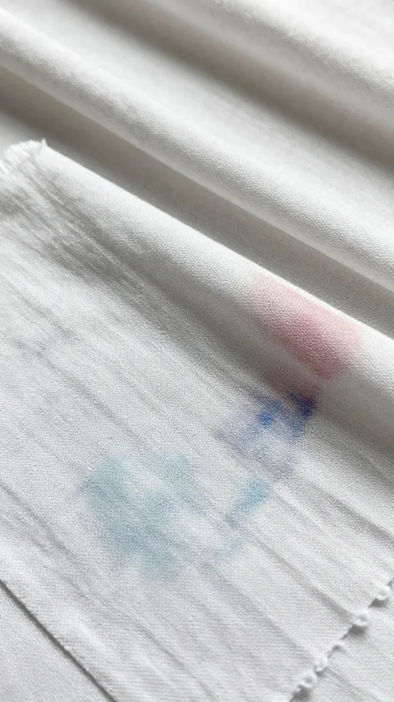 Closeup of pre-wash fabric swatches with color bleed hint