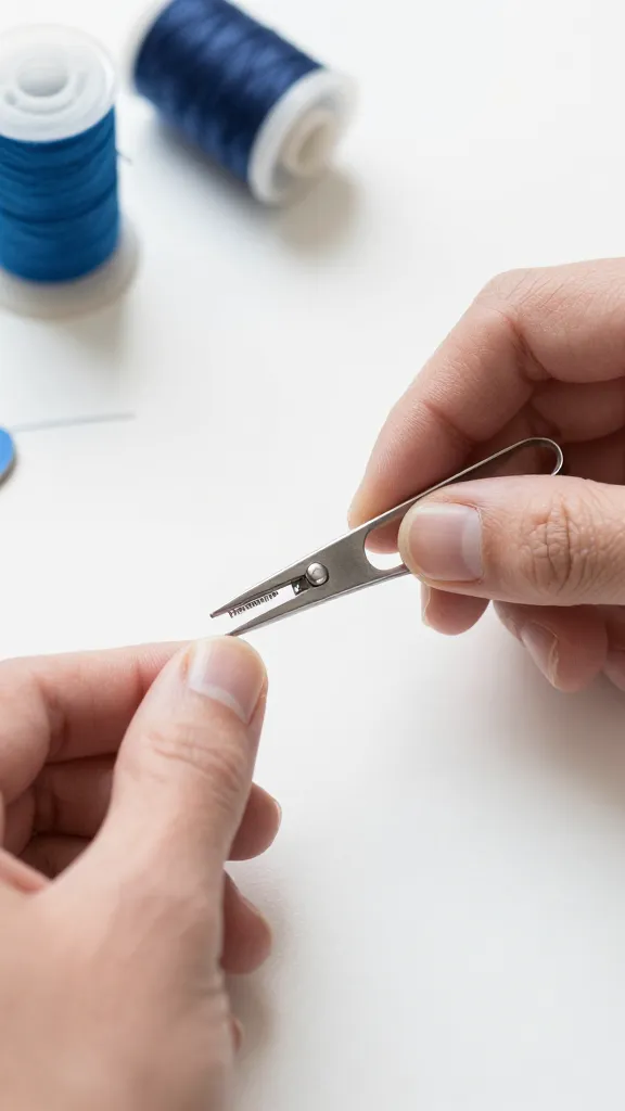 Closeup of organized seam ripper and bobbins on a clean workspace