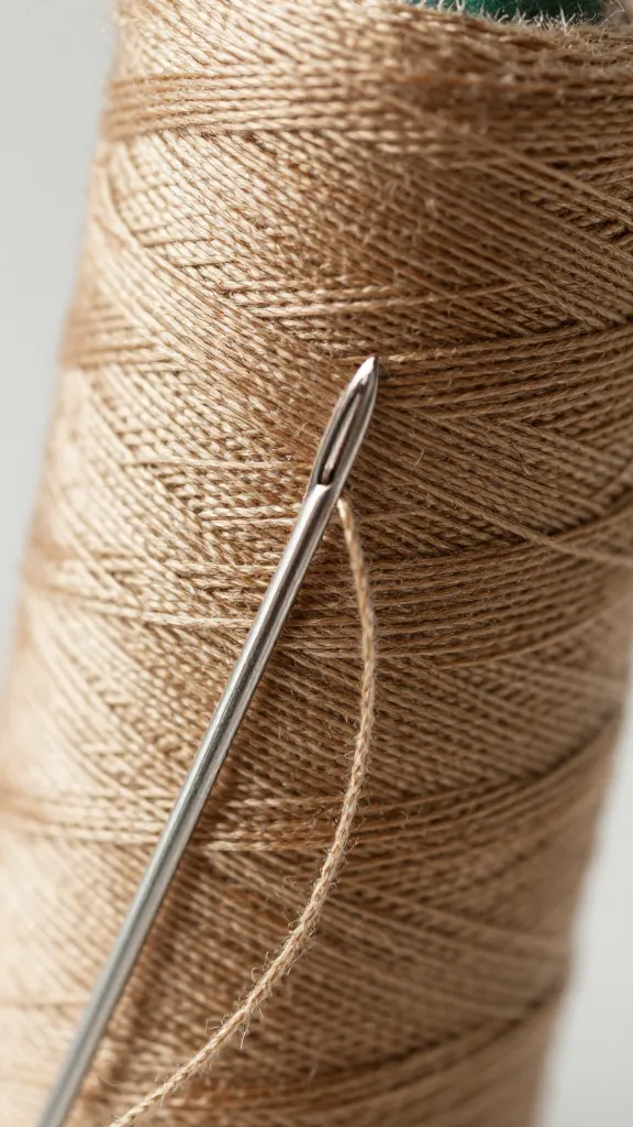 closeup of tangled sewing thread under needle