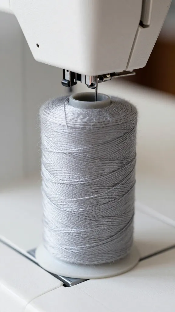 Closeup of a new sewing thread spool being fed into a machine tension system