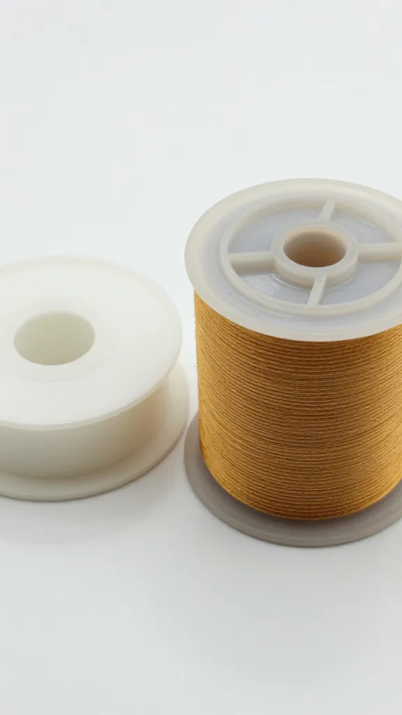 Closeup of a freshly wound bobbin sitting beside a clean bobbin case