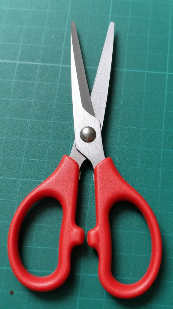 Closeup of a fabric scissors with red handles on cutting mat