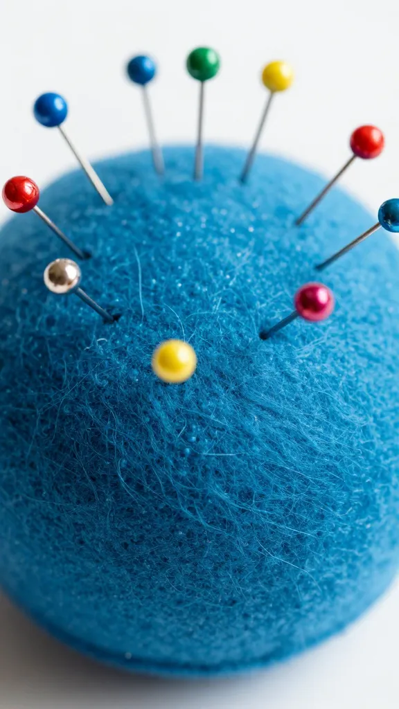 Closeup of a pin cushion with colorful pins in focus