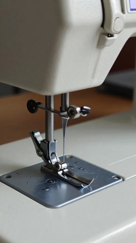 Closeup of a mechanical sewing machine needle in action