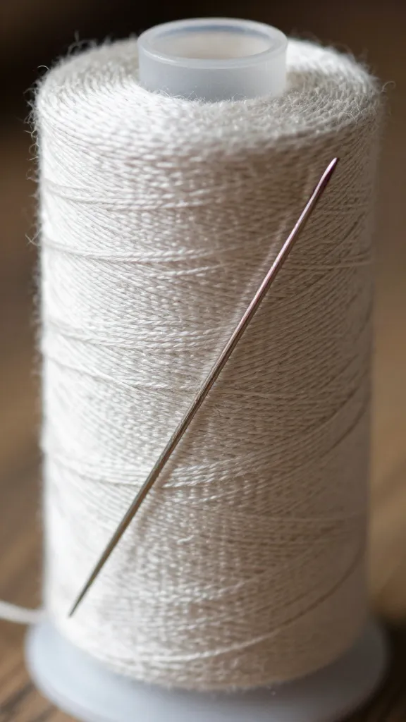 Closeup of a spool of thread threading through a foot and needle